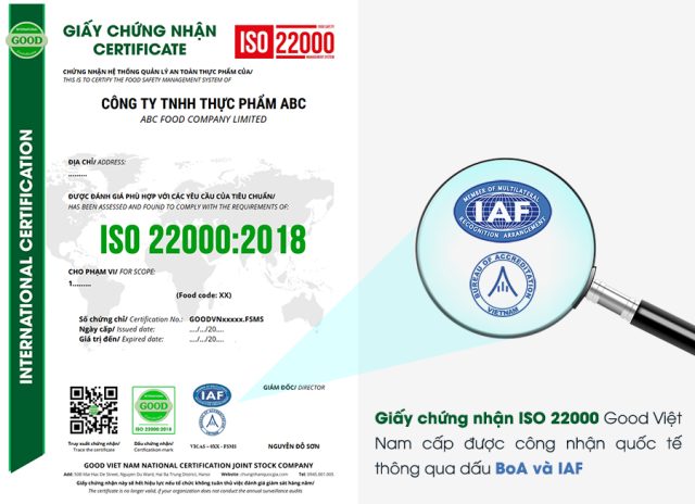 Giấy chứng nhận ISO 22000:2018 được Good Việt Nam cấp công nhận quốc tế thông qua dấu BoA và IAF