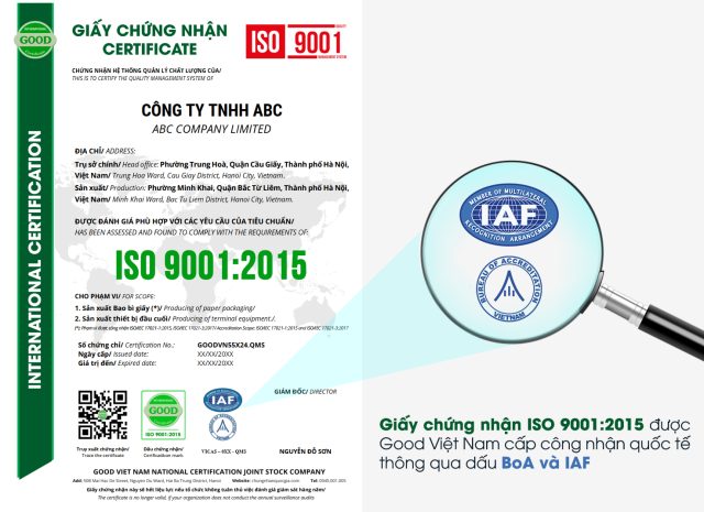 Giấy chứng nhận ISO 9001:2015 được Good Việt Nam cấp công nhận quốc tế thông qua dấu BoA và IAF