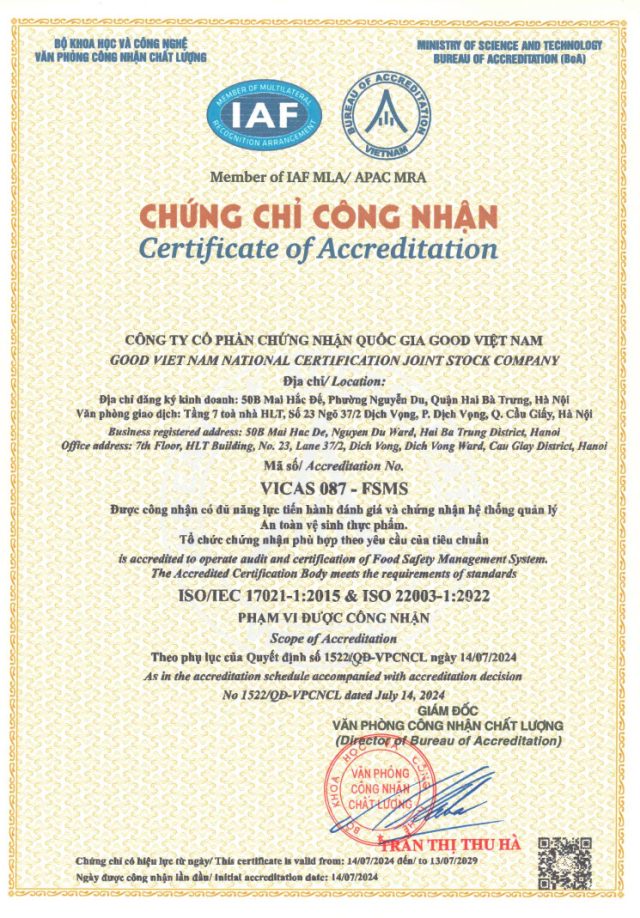 Công nhận IAF ISO 22000:2018 của Good Việt Nam