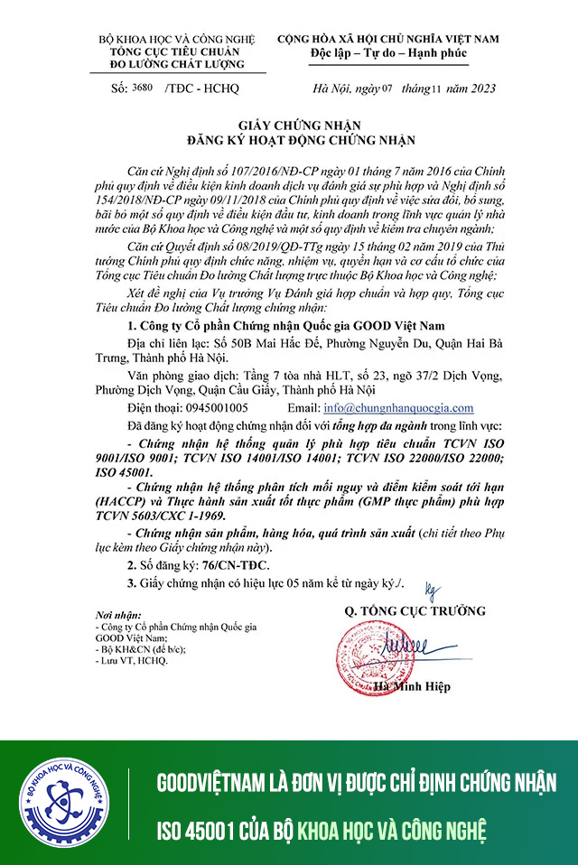 Giấy đăng ký hoạt động chứng nhận ISO 45001 của Goodvietnam do Tổng cục Tiêu chuẩn Đo lường Chất lượng – Bộ KH và CN chứng nhận