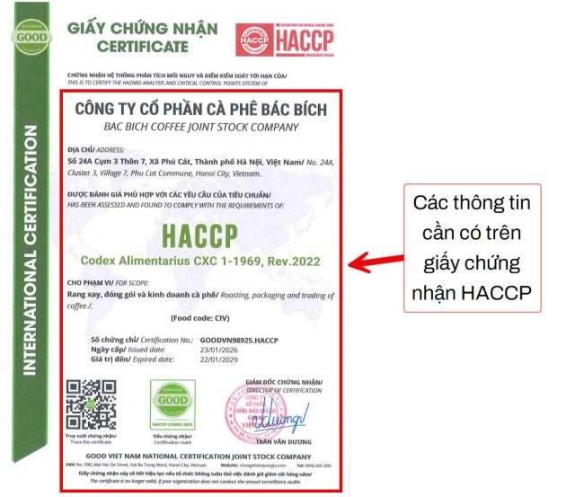 Các thông tin cần có trên giấy chứng nhận HACCP